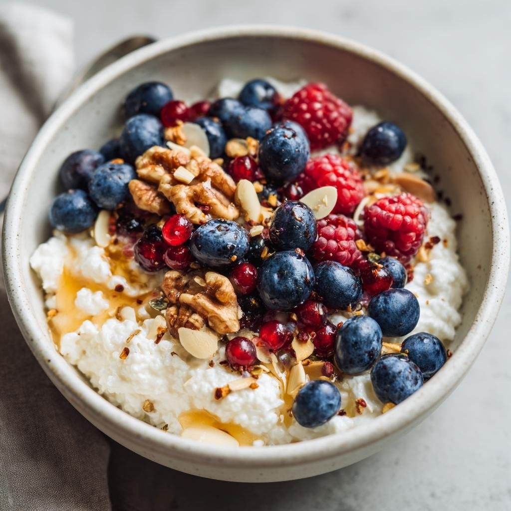 A vibrant Cottage Cheese Protein Bowl topped with fresh blueberries, raspberries, walnuts, and a drizzle of honey.