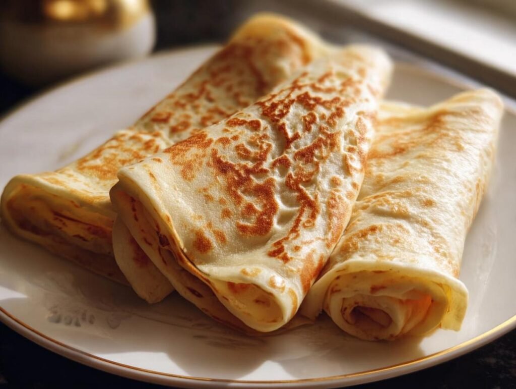 Three golden-brown cottage cheese wraps neatly arranged on a white plate with a gold rim.