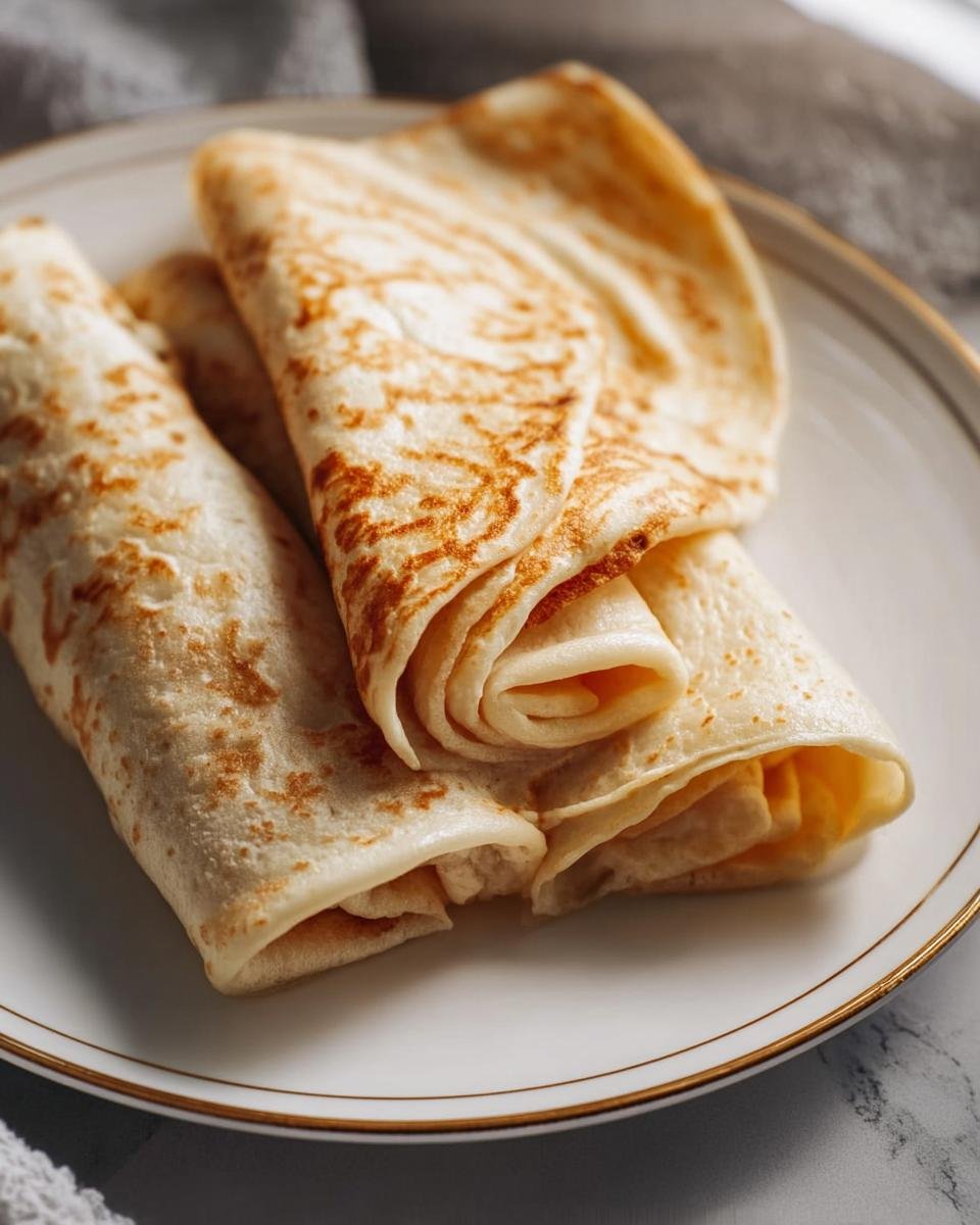 Three cottage cheese wraps on a white plate with a gold rim, ready to eat.