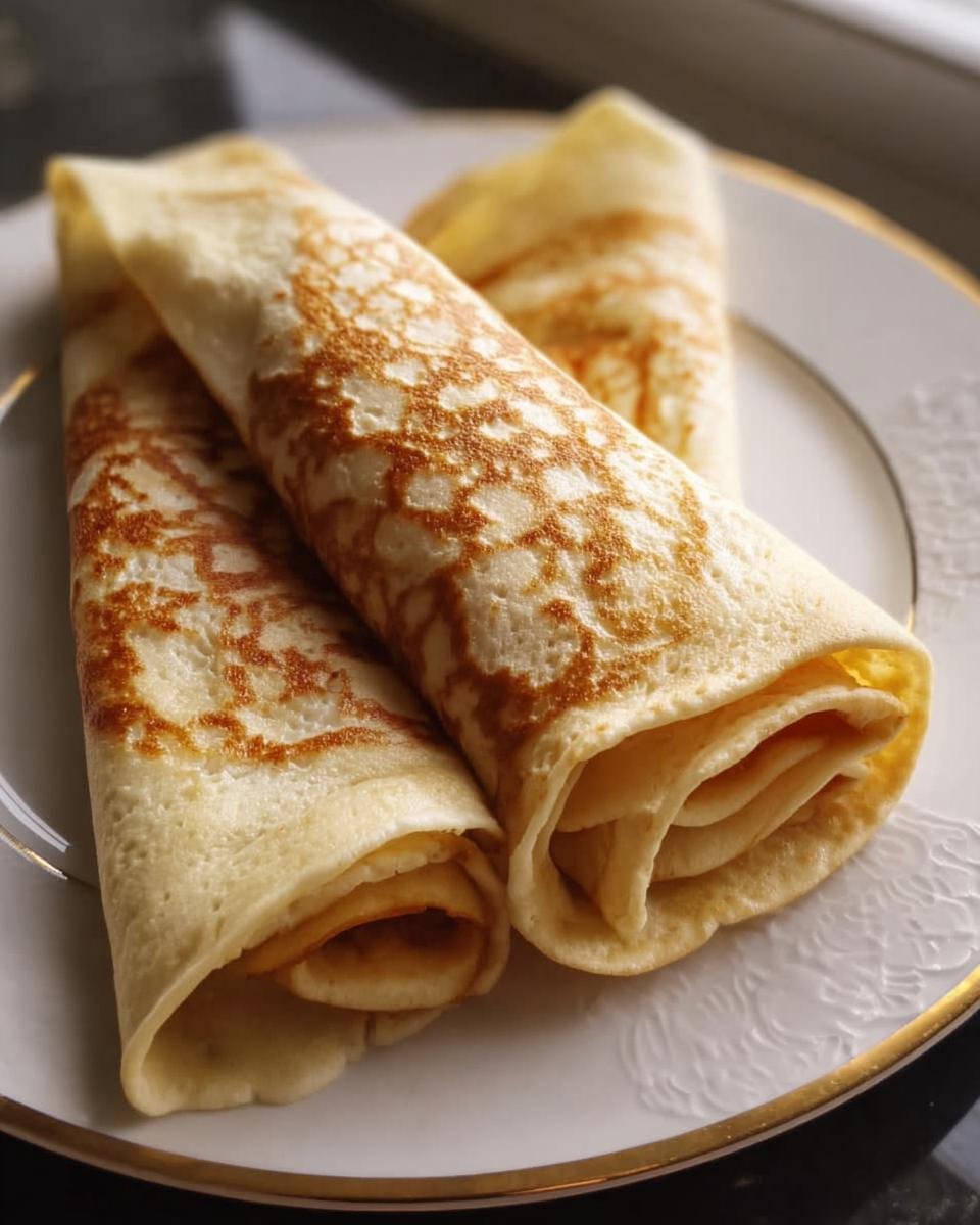 Three golden Cottage Cheese Wraps elegantly arranged on a white plate with a gold rim.
