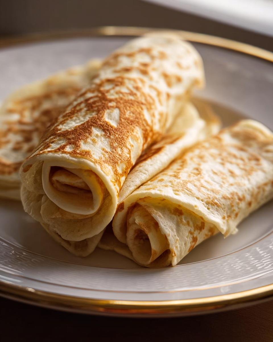 Golden cottage cheese wraps served on a decorative plate, ready to eat. A simple and delicious recipe.