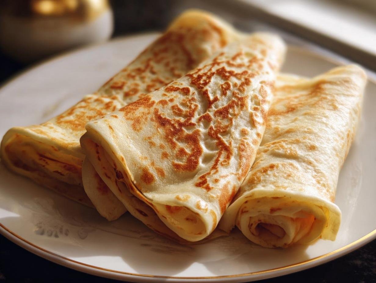 Three golden-brown cottage cheese wraps neatly arranged on a white plate with a gold rim.