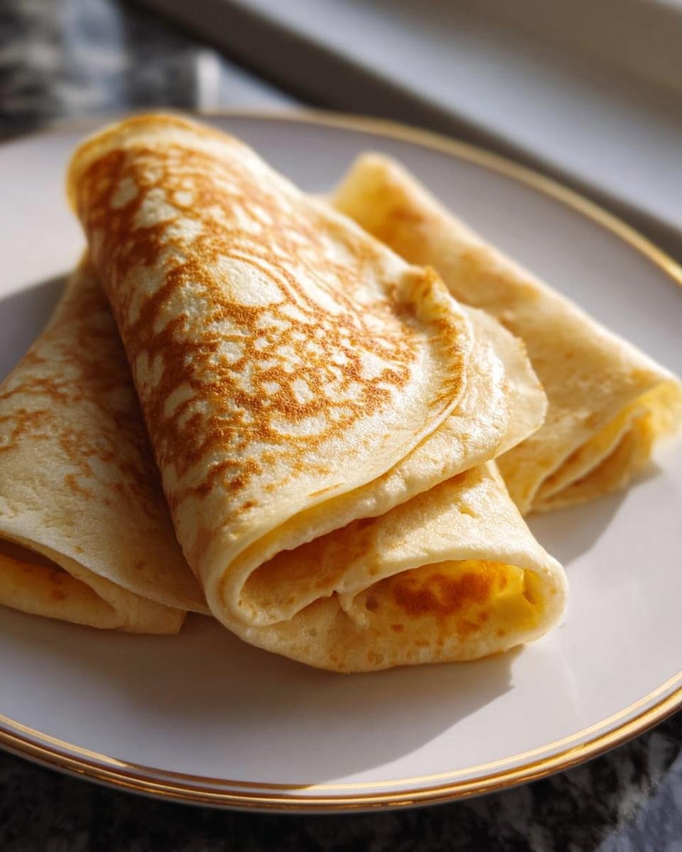 Three golden cottage cheese wraps stacked on a white plate with a gold rim.