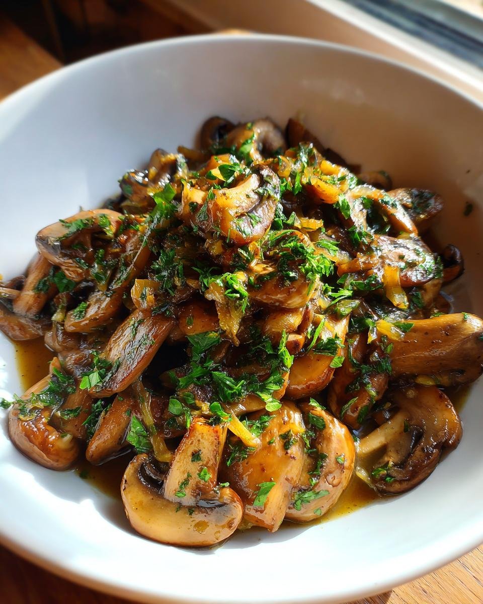 A bowl of sauteed Cowboy Mushrooms, garnished with fresh parsley, ready to be served.