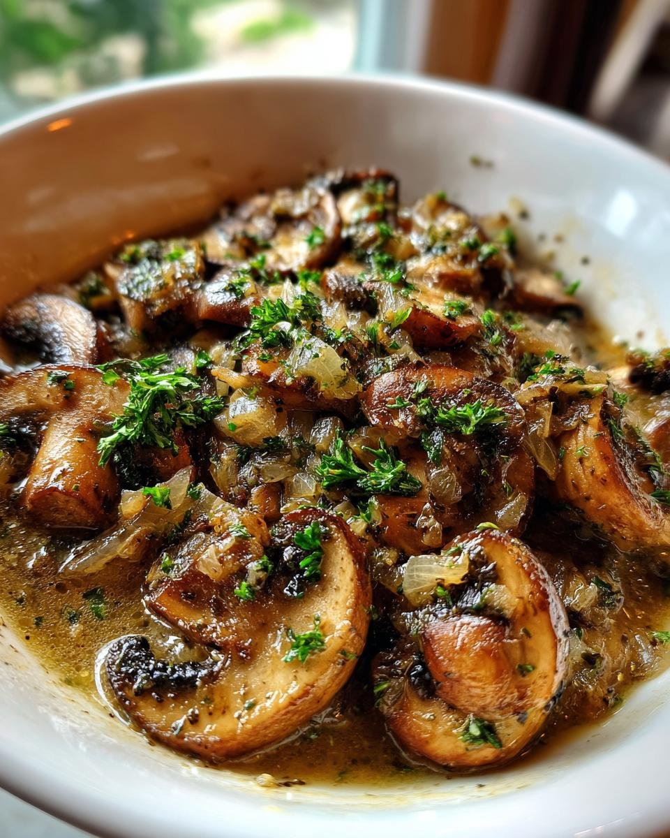 Close-up of a bowl of Cowboy Mushrooms, sauteed with onions and herbs in a savory sauce.