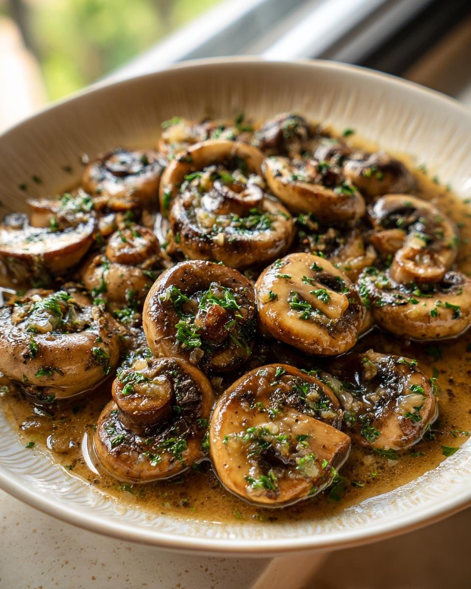 Close-up of Cowboy Mushrooms sautéed in garlic butter sauce and garnished with fresh parsley.