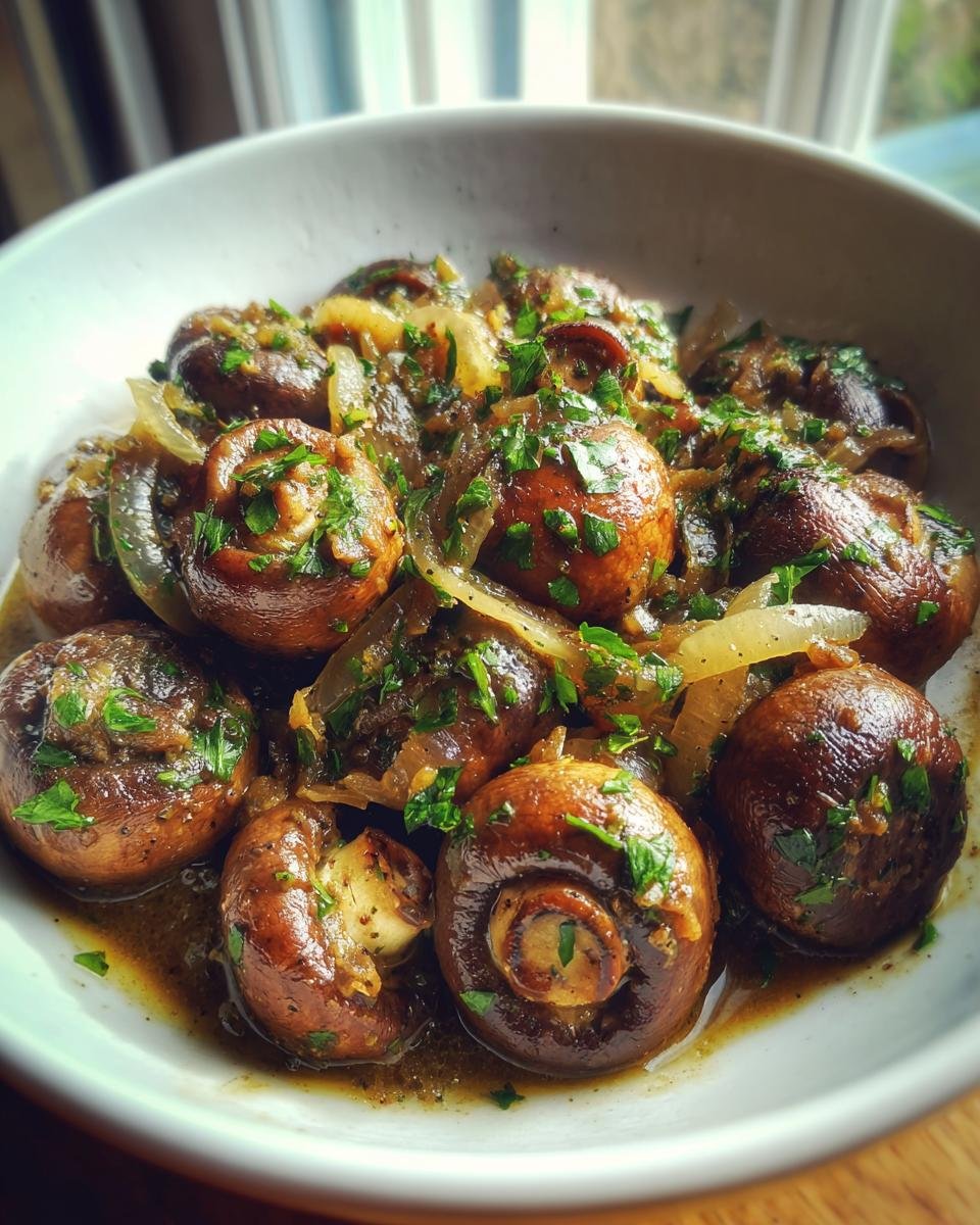 A bowl of savory Cowboy Mushrooms sautéed with onions and garnished with fresh parsley.