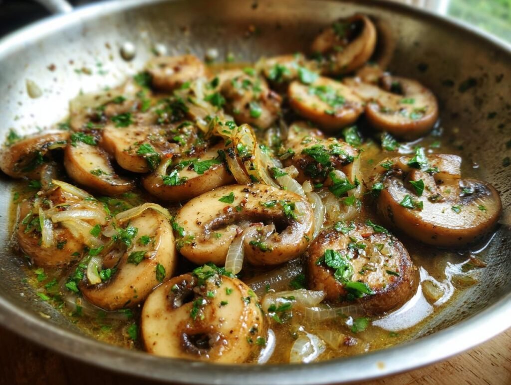 Close-up of Cowboy Mushrooms cooked in a skillet with onions and herbs.