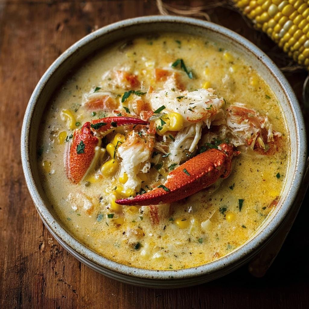 A bowl of creamy Crab & Corn Chowder topped with crab legs and fresh herbs.
