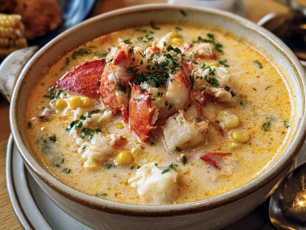 A bowl of creamy Crab & Corn Chowder, garnished with fresh herbs and visible chunks of crab and corn.