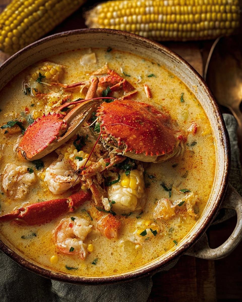 Overhead shot of creamy Crab & Corn Chowder in a bowl, garnished with crab legs and fresh corn.