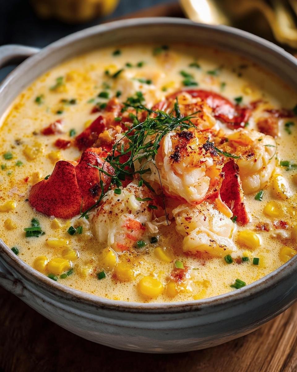 Bowl of creamy Crab & Corn Chowder with crab meat, corn kernels, and garnished with fresh herbs.