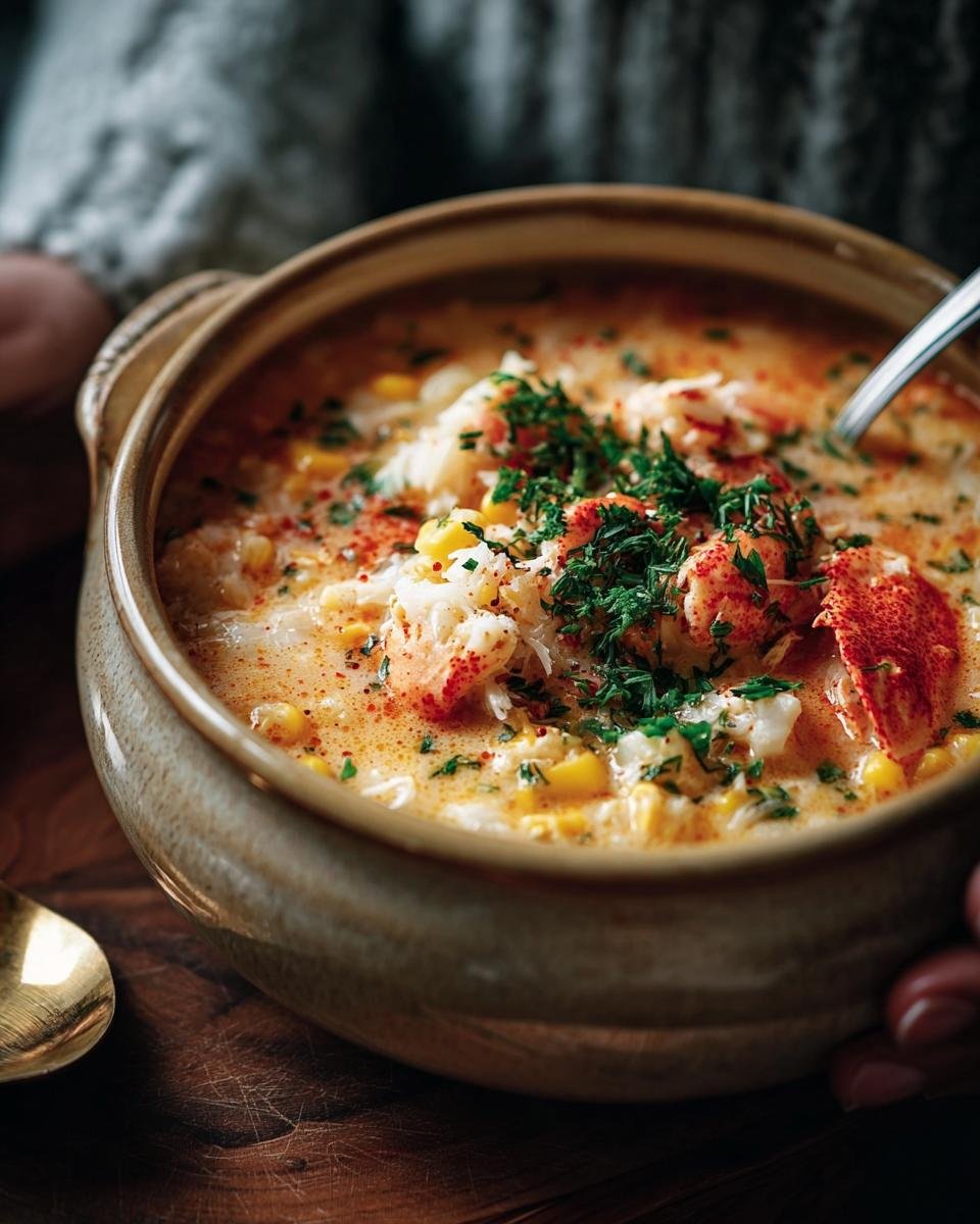 A bowl of creamy Crab & Corn Chowder garnished with crab meat, corn, and fresh herbs.