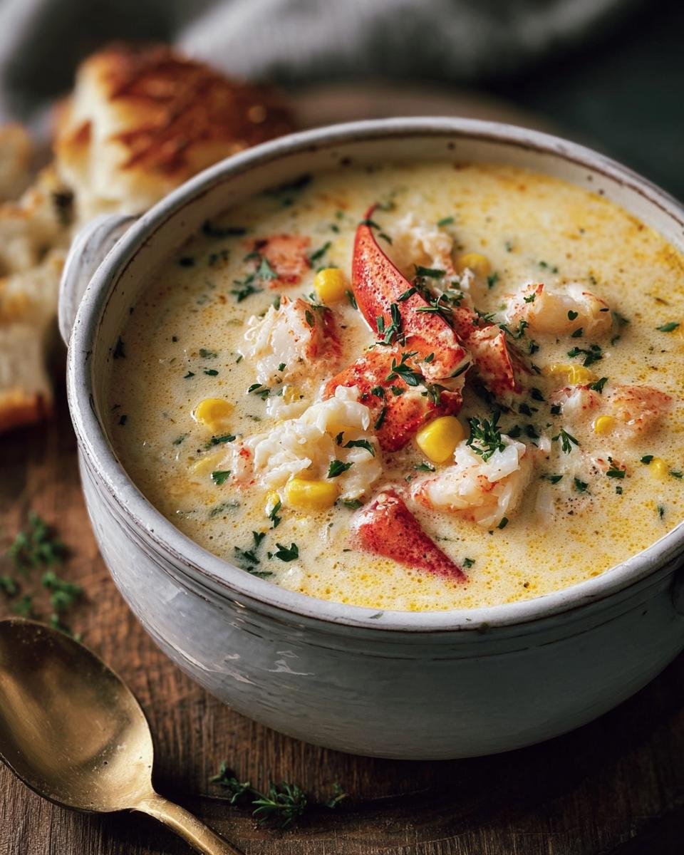 A bowl of creamy Crab & Corn Chowder with crab meat, corn, and herbs, served with bread.