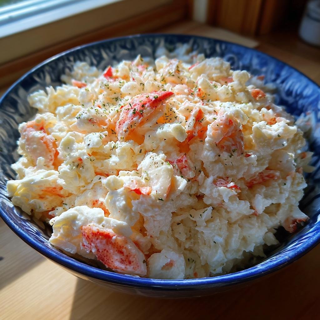 A vibrant Crab Cottage Cheese Bowl in a blue patterned bowl, garnished with herbs.