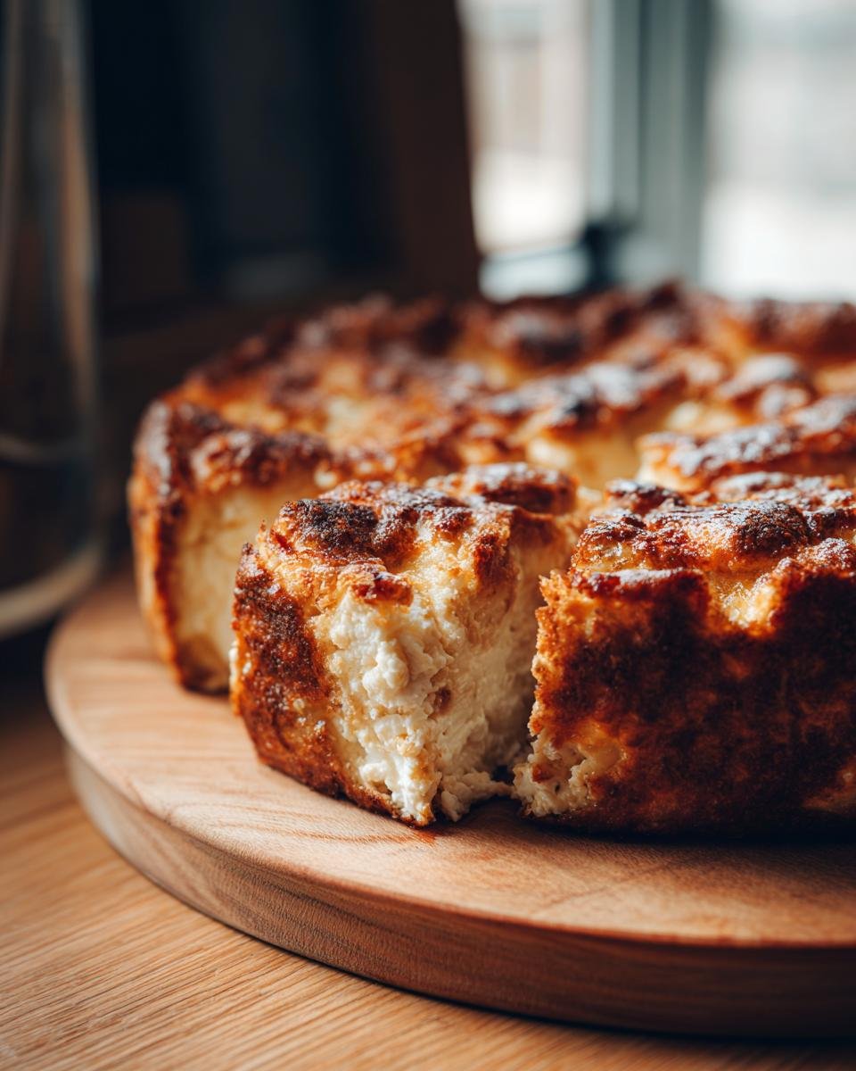 Baked Crab Cottage Cheese Bowl on a wooden board, showing a slice cut out. Golden brown crust.