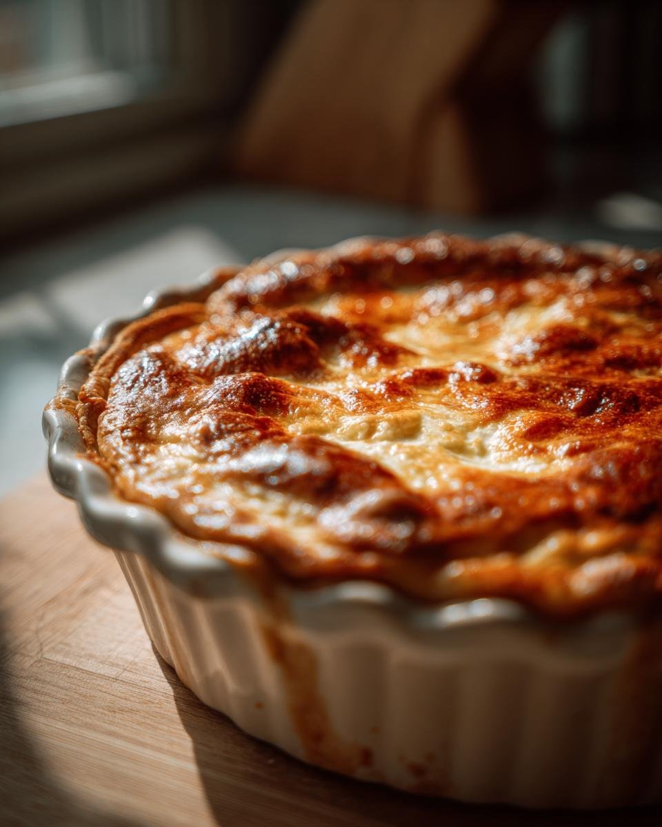 Close-up of a golden-brown baked Crab Cottage Cheese Bowl in a white ceramic dish.