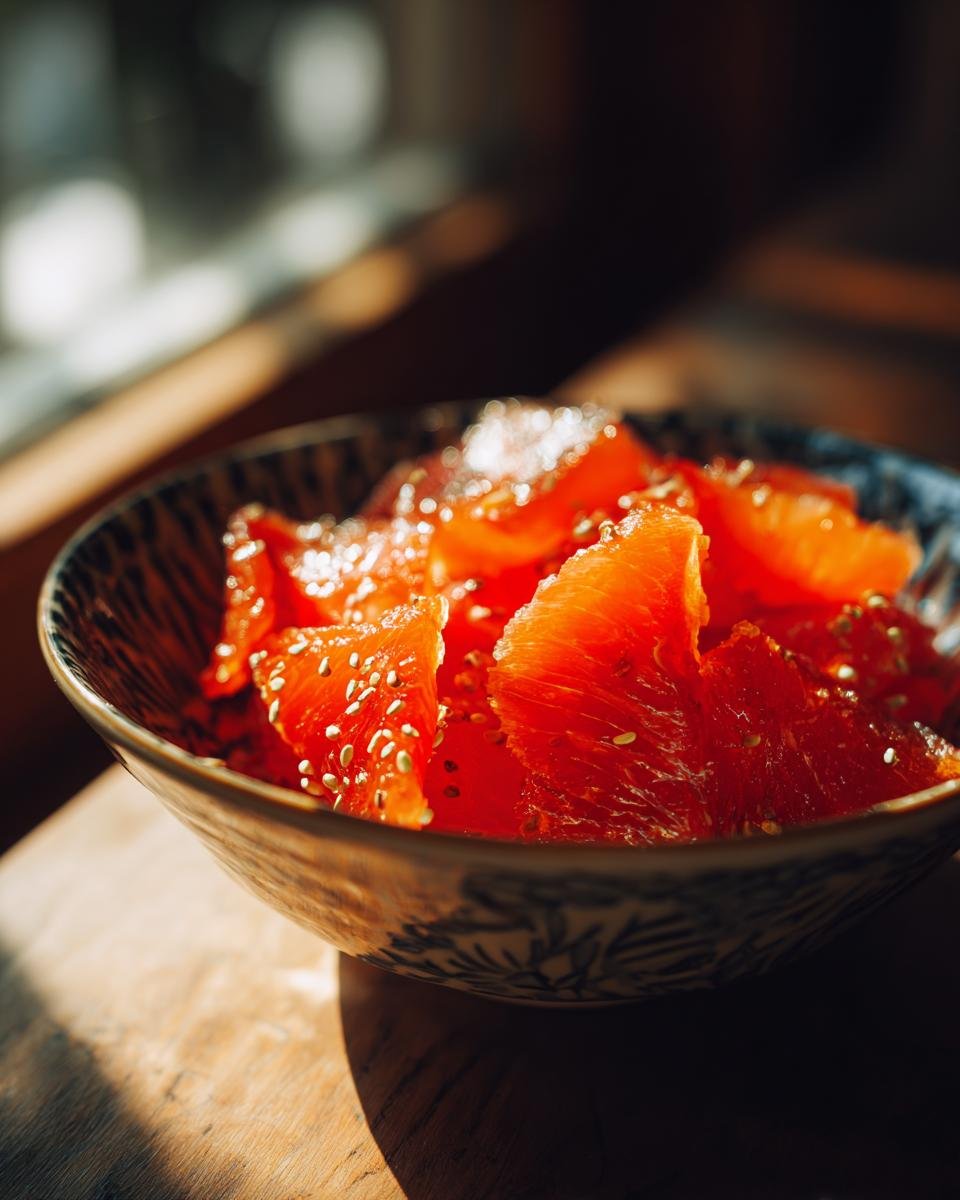 Close-up of grapefruit segments in a bowl, an ingredient for Crab Cottage Cheese Bowl recipe.