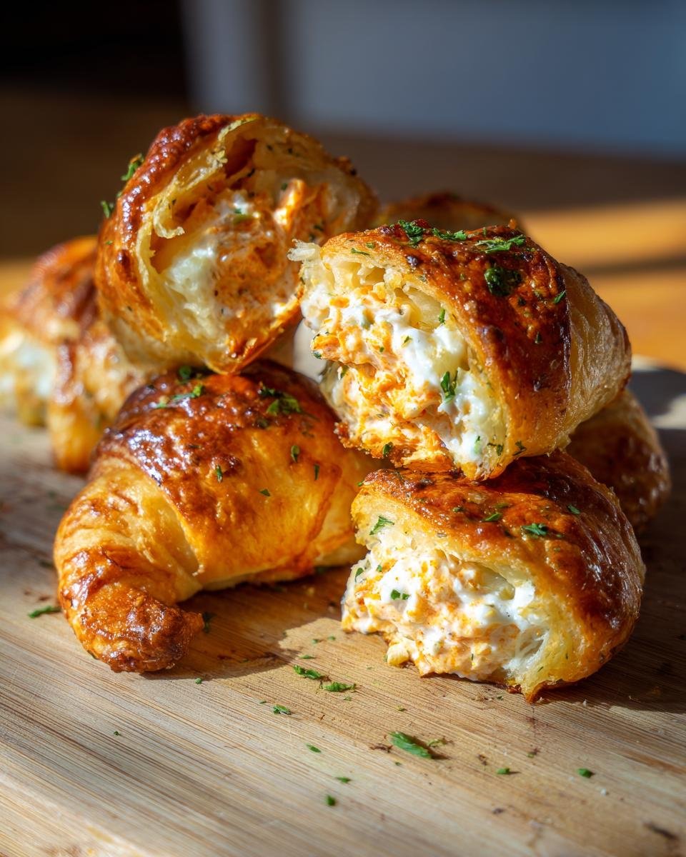 A stack of golden Crab Crescent Bites Delight on a wooden board, one bite cut open to show the creamy filling.