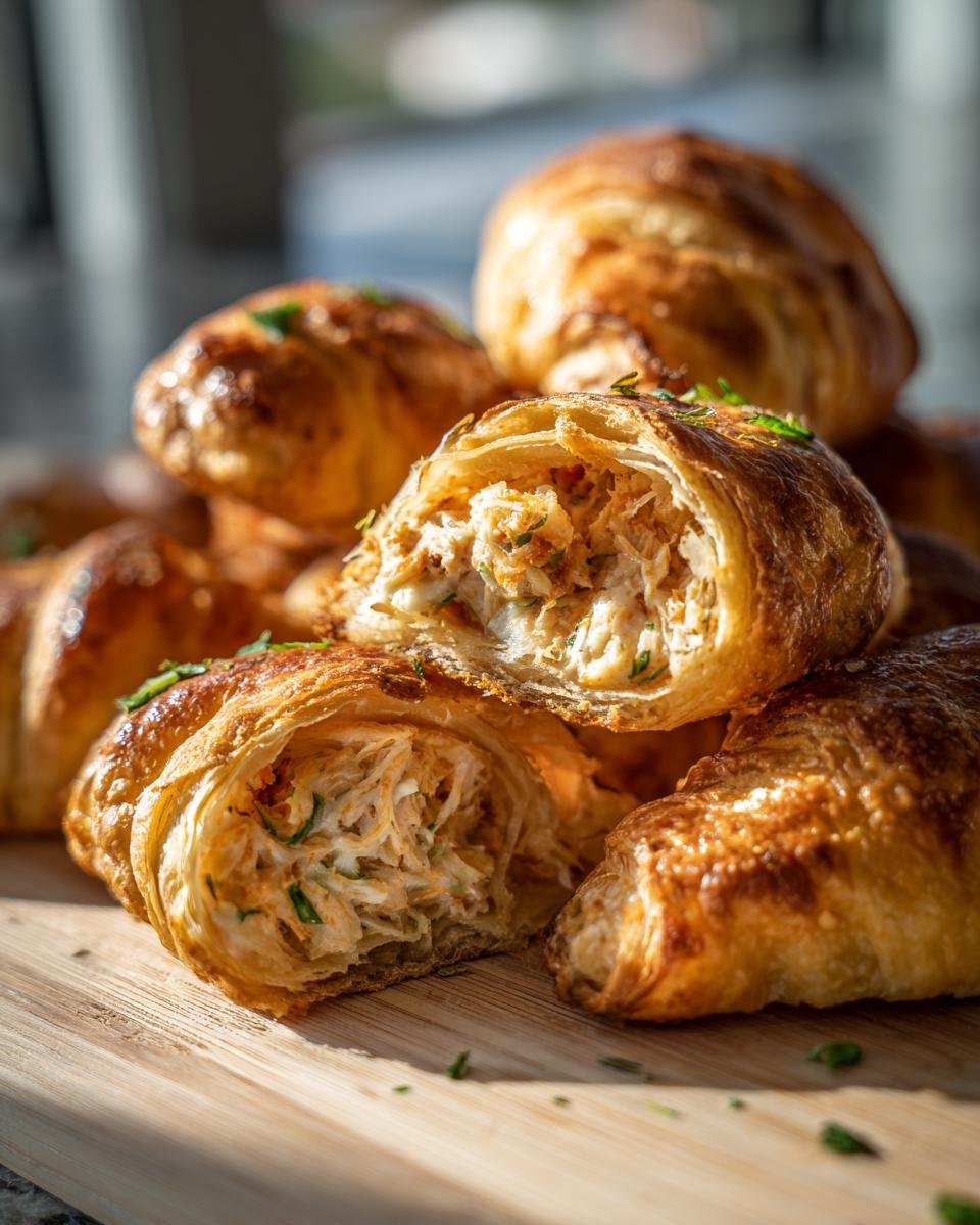 Close-up of Crab Crescent Bites Delight showing flaky crust and creamy crab filling, garnished with parsley.