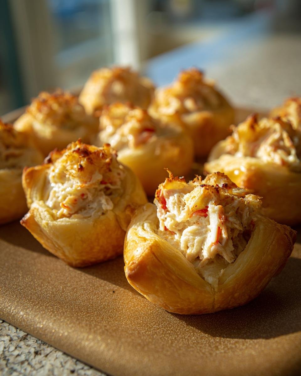 Close-up of homemade Crab Crescent Bites Delight with flaky crust and creamy crab filling.
