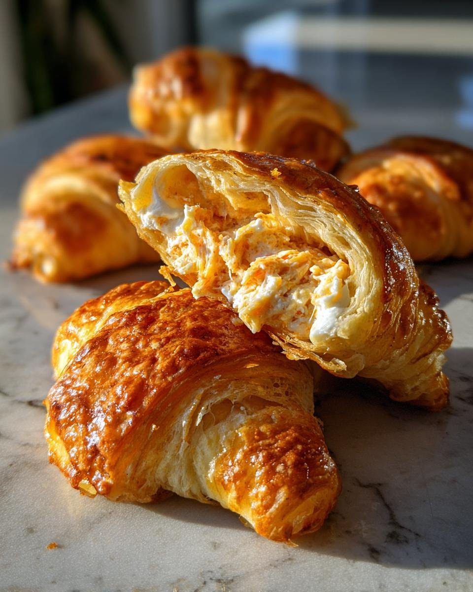 Close-up of golden, flaky Crab Crescent Bites Delight, one cut open to reveal creamy crab filling.