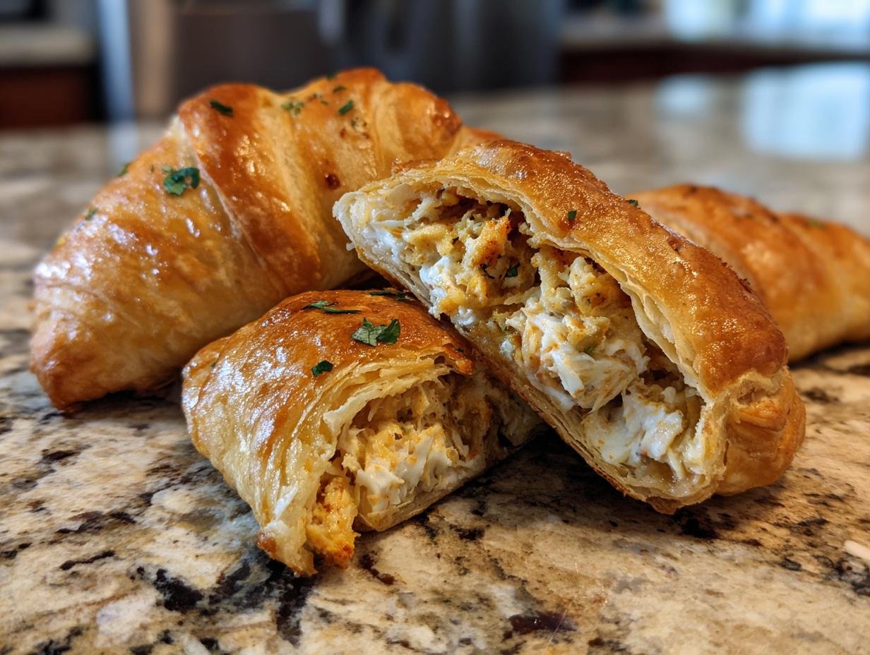 Close-up of flaky Crab Crescent Bites Delight, one cut open to show the creamy crab filling.