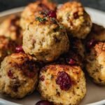 Pile of golden-brown Cranberry Turkey Stuffing Balls, garnished with cranberries and herbs on a white plate.