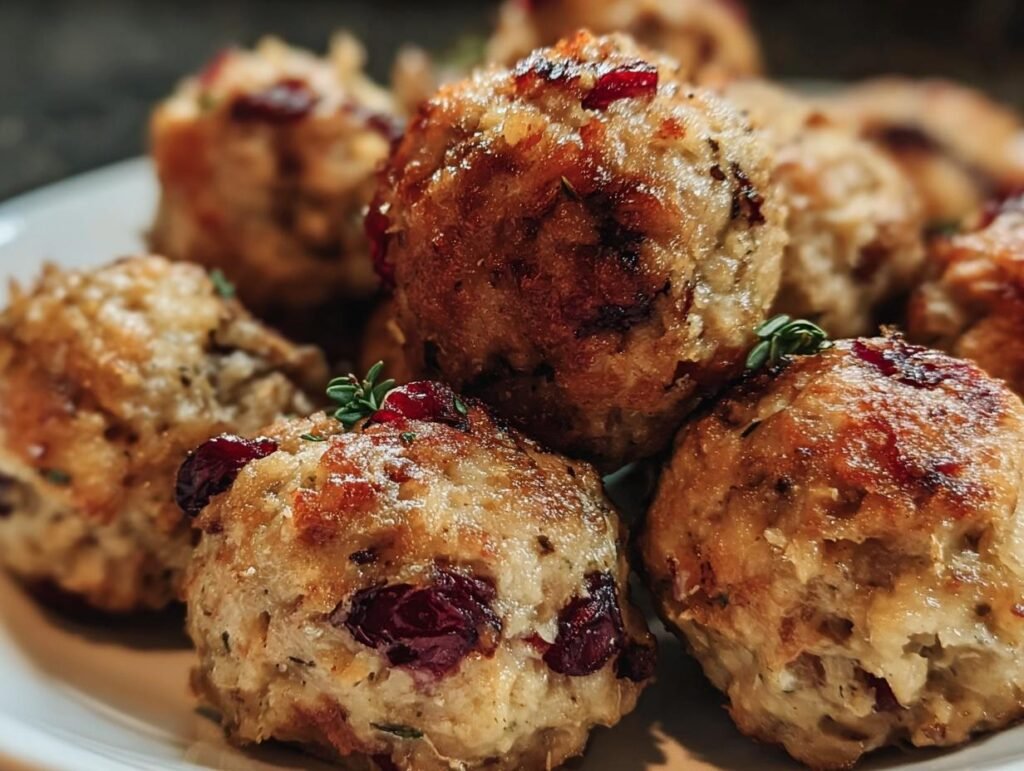 Close-up of Cranberry Turkey Stuffing Balls, showcasing cranberries and herbs. Great appetizer!