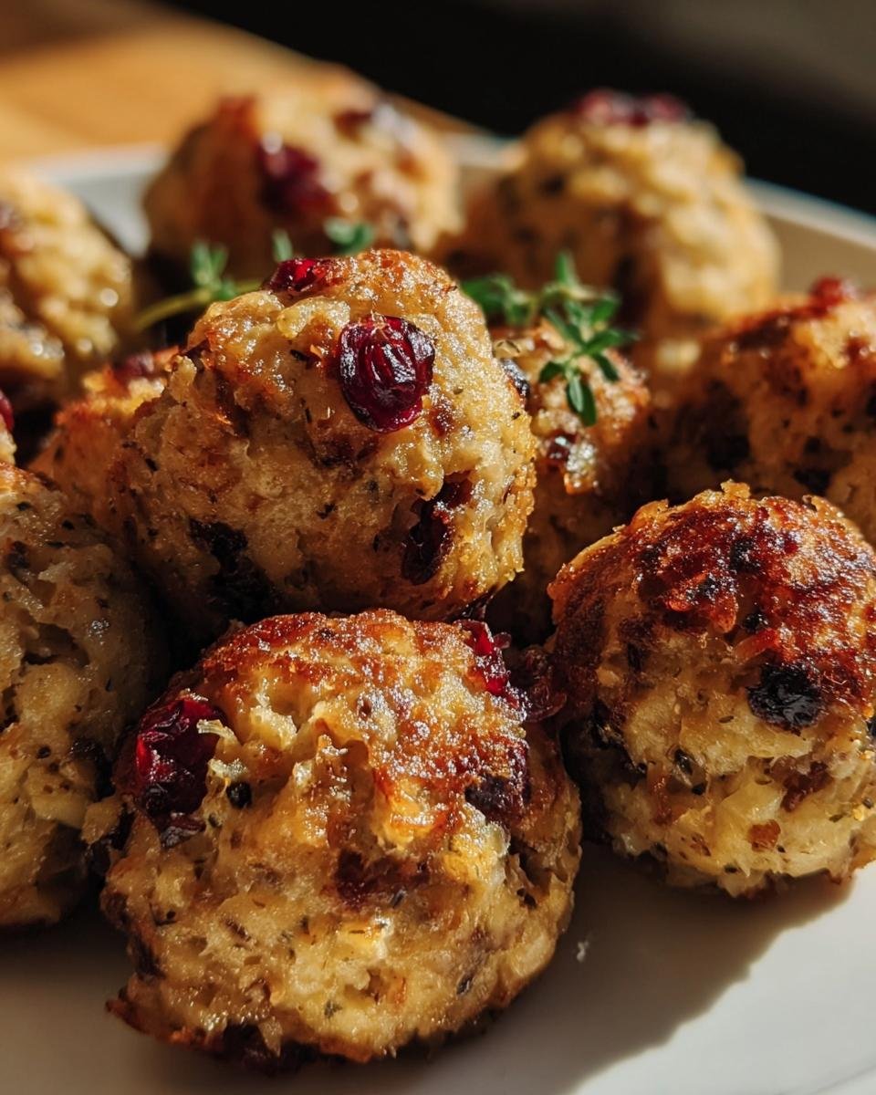 Close-up of several golden-brown Cranberry Turkey Stuffing Balls garnished with thyme on a white plate.