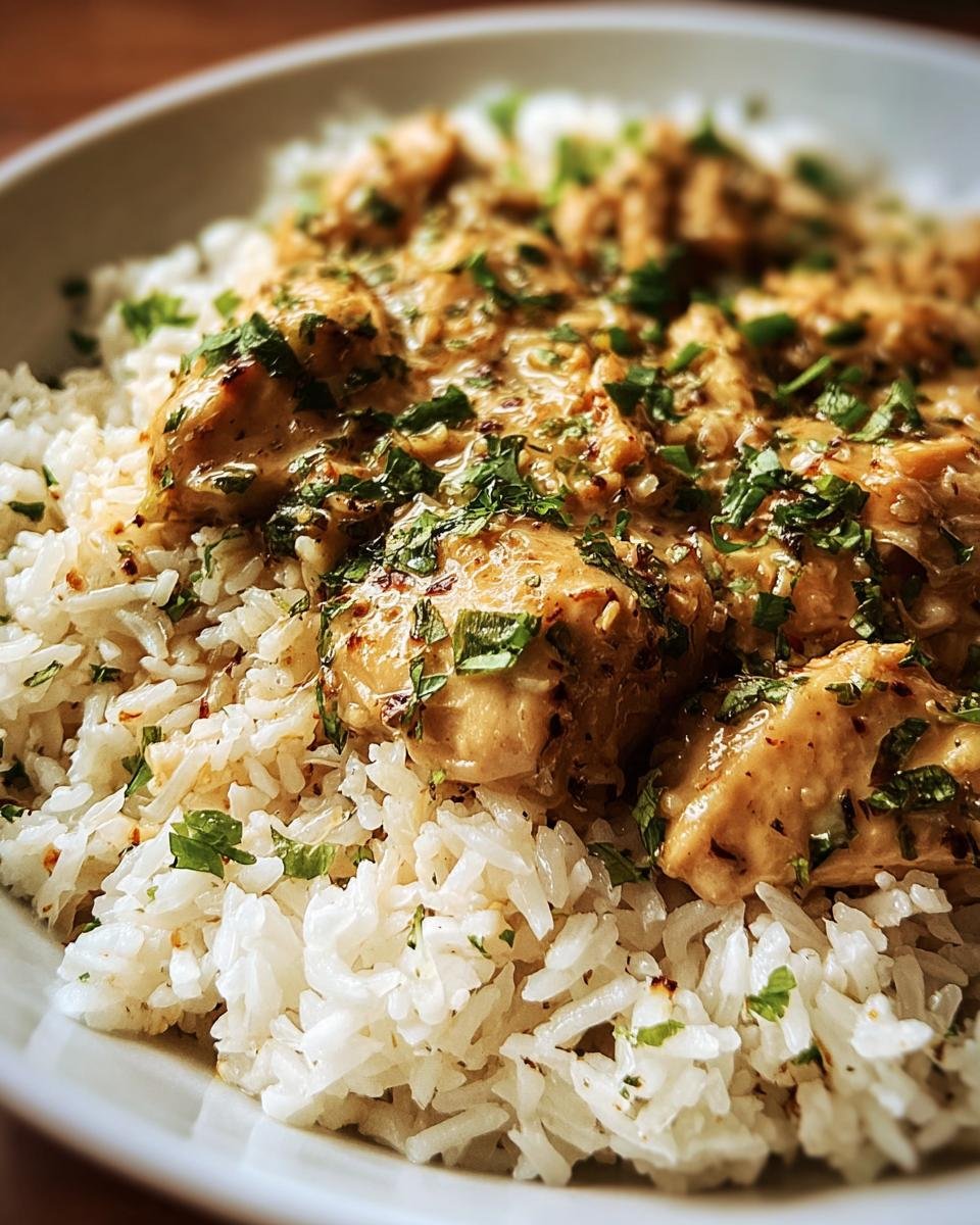 Close-up of a bowl of Chicken and Rice, garnished with fresh herbs.