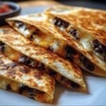 Close-up of stacked Crispy Black Bean Quesadillas with melted cheese and a golden-brown, crispy tortilla.