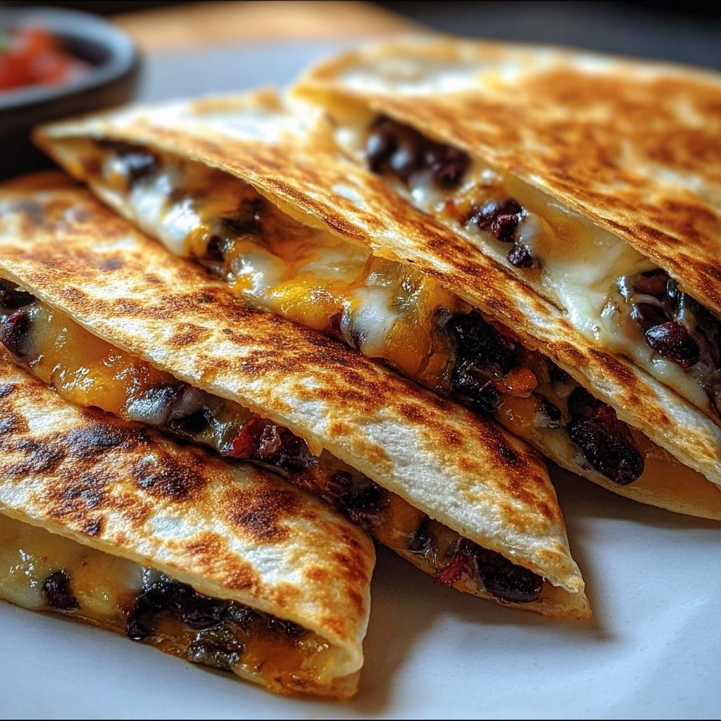 Close-up of stacked Crispy Black Bean Quesadillas with melted cheese and a golden-brown, crispy tortilla.