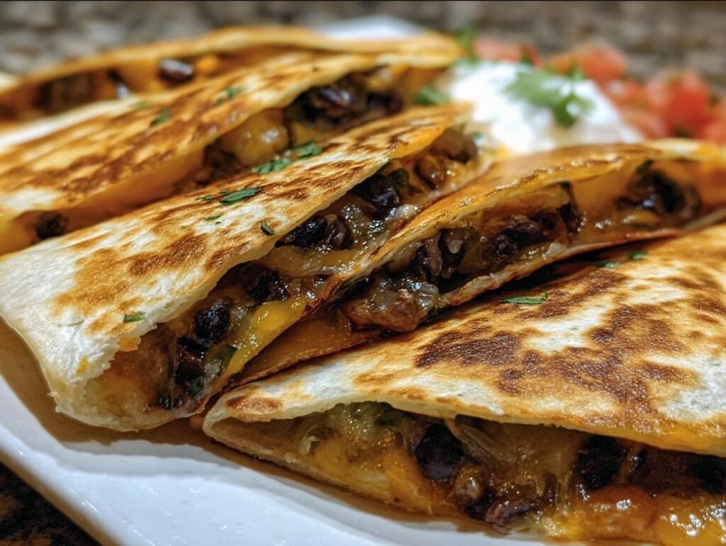 Close-up of Crispy Black Bean Quesadillas with melted cheese and toppings on a white plate.