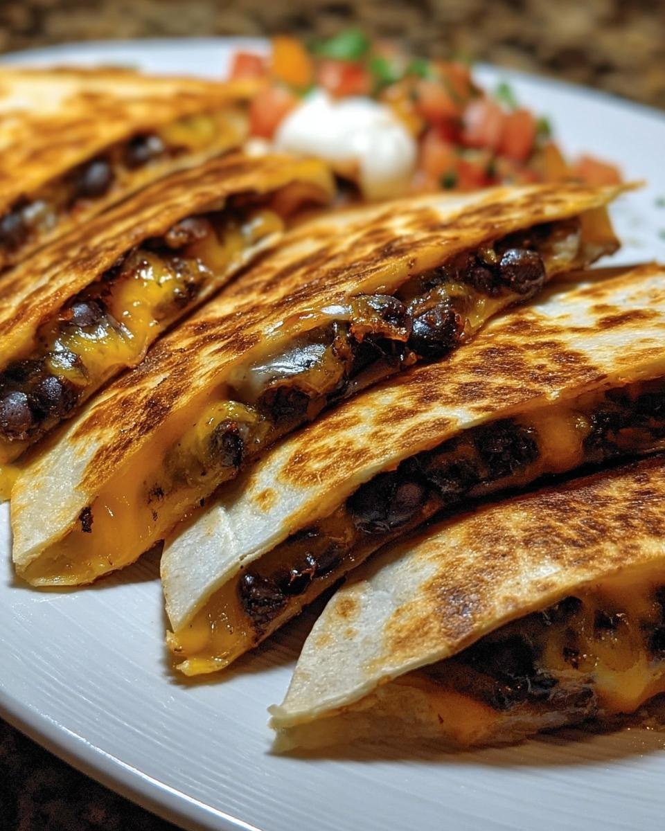 Close-up of Crispy Black Bean Quesadillas on a white plate, served with salsa and sour cream.