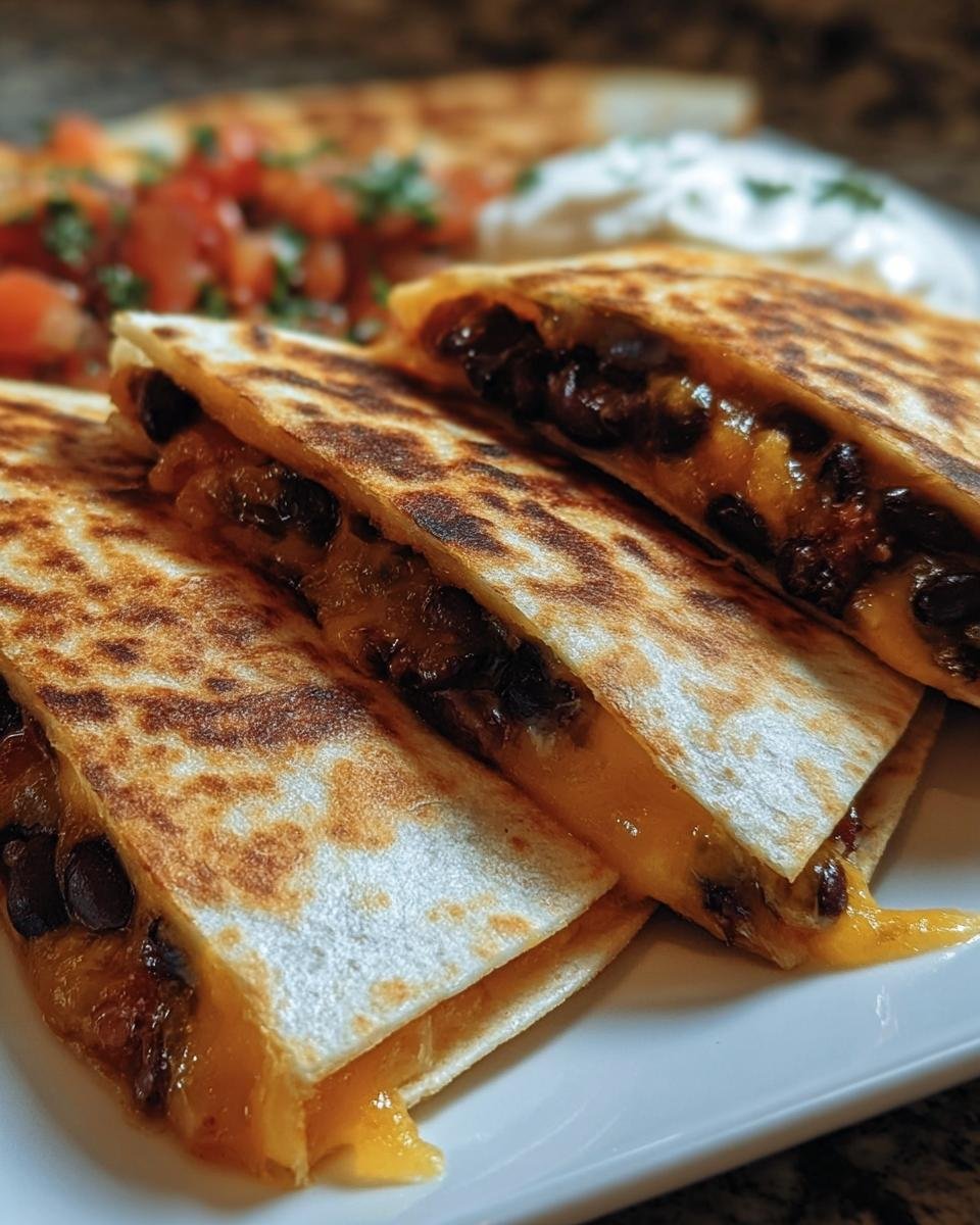 Close-up of stacked Crispy Black Bean Quesadillas with melted cheese, served with salsa and sour cream.