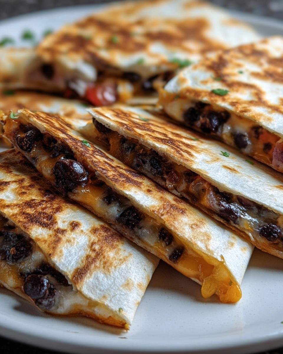 A platter of golden, Crispy Black Bean Quesadillas filled with melted cheese and black beans.