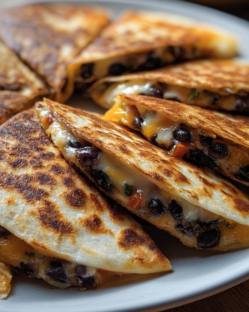 A platter of golden, Crispy Black Bean Quesadillas, cut into wedges, with melted cheese and black bean filling visible.