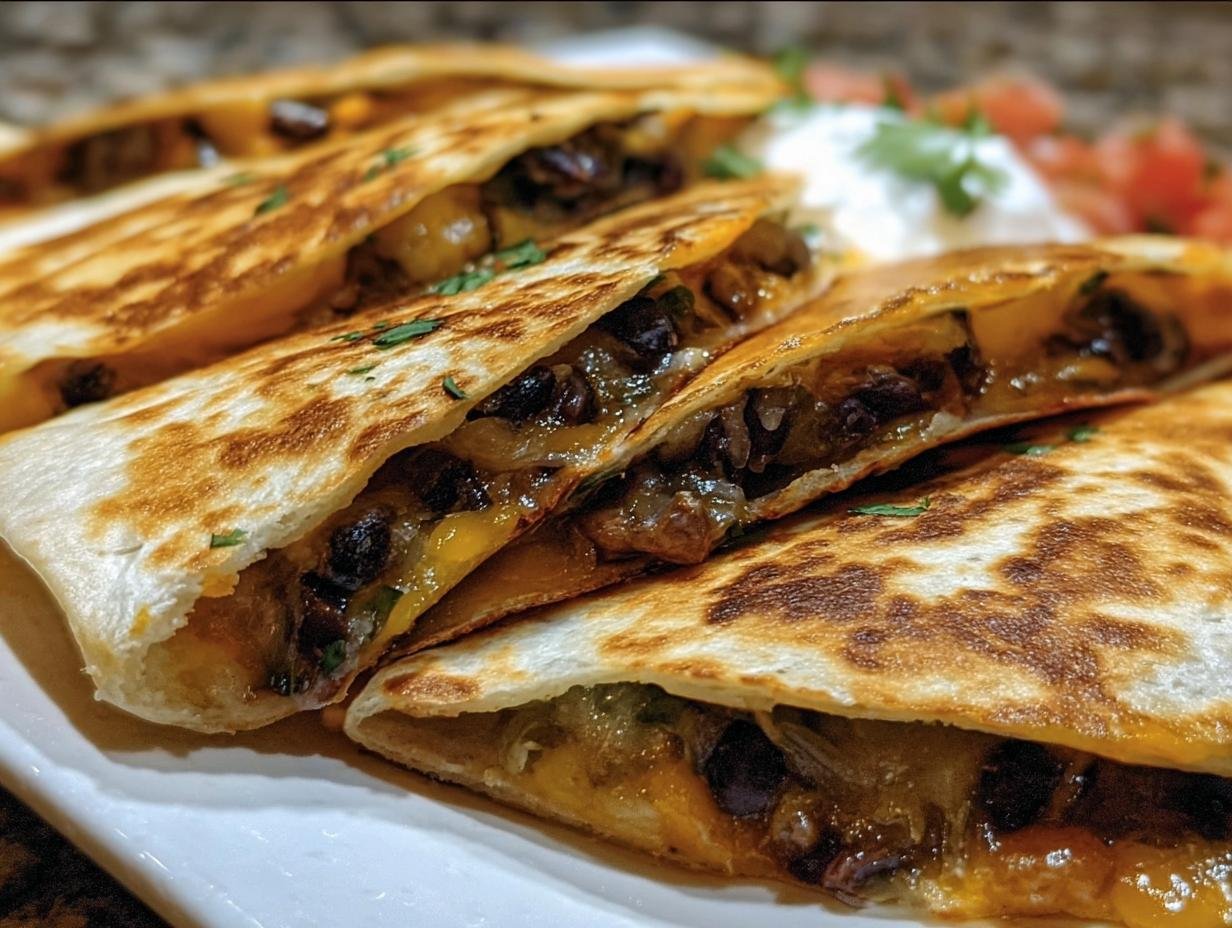 Close-up of Crispy Black Bean Quesadillas with melted cheese and toppings on a white plate.