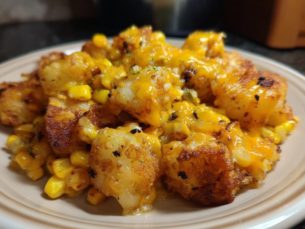 Close-up of CRISPY CHEDDAR CORN POTATO dish on a plate, showcasing golden potatoes, sweet corn, and melted cheddar cheese.