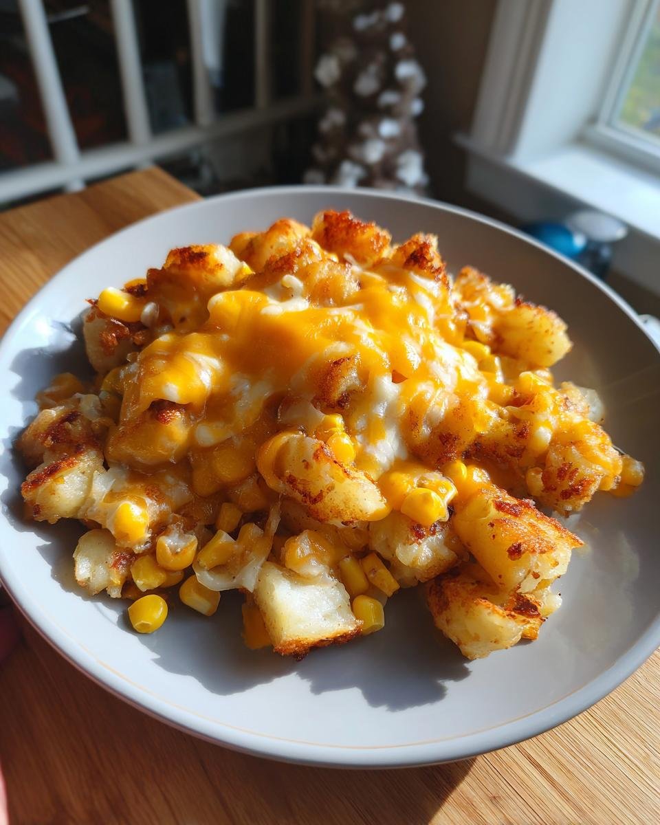 A serving of CRISPY CHEDDAR CORN POTATO on a gray plate, showcasing the golden-brown potatoes and melted cheese.