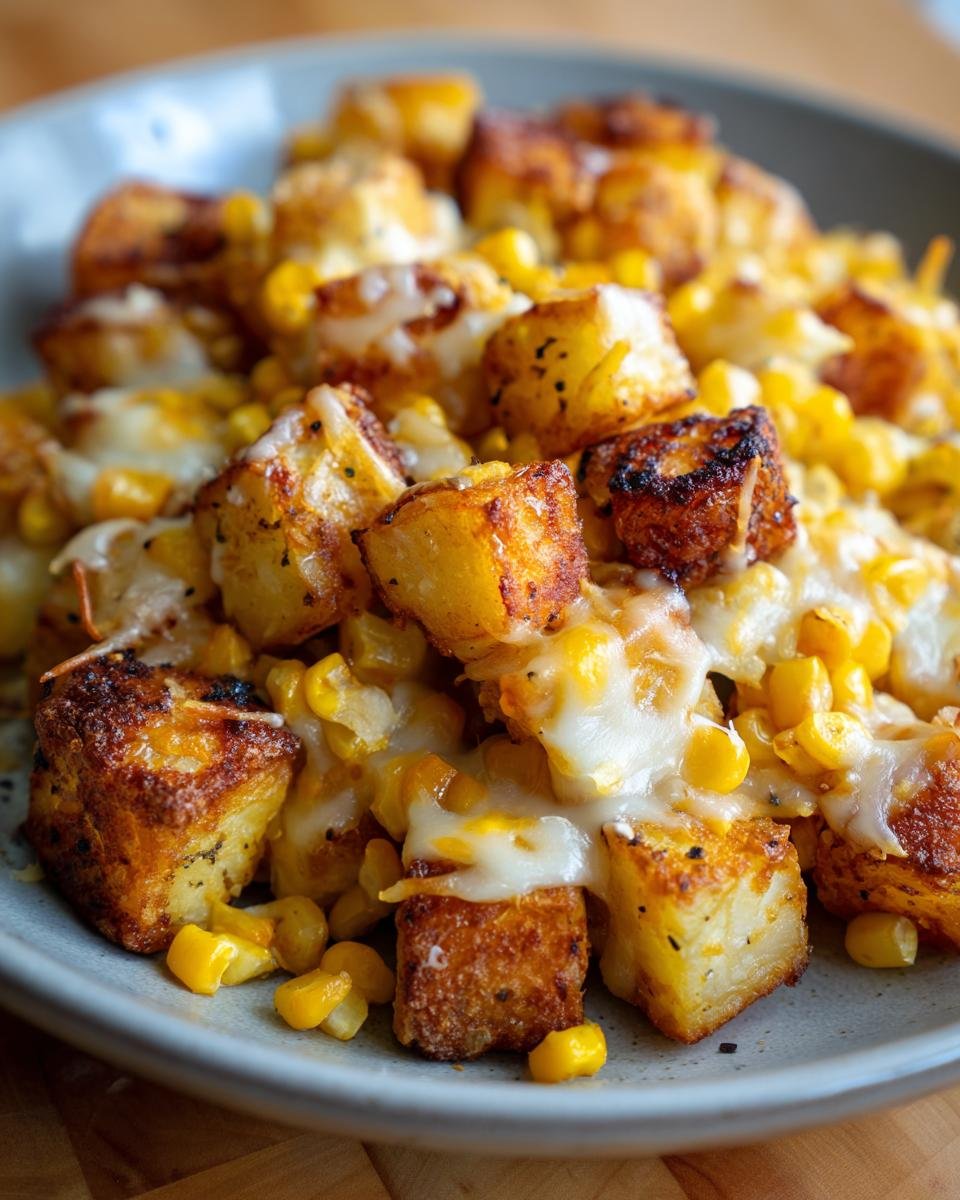 Close-up of Crispy Cheddar Corn Potato dish with golden potatoes, sweet corn, and melted cheddar cheese on a gray plate.