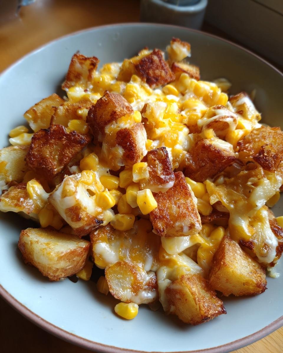 A bowl of Crispy Cheddar Corn Potato dish featuring golden potatoes, sweet corn, and melted cheddar cheese.
