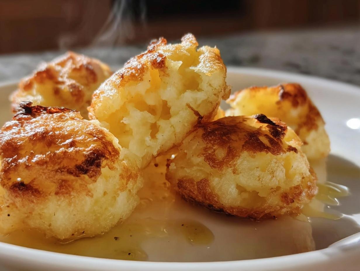 Close-up of golden brown Crispy Mashed Potato balls on a white plate, one split open to show the fluffy interior.