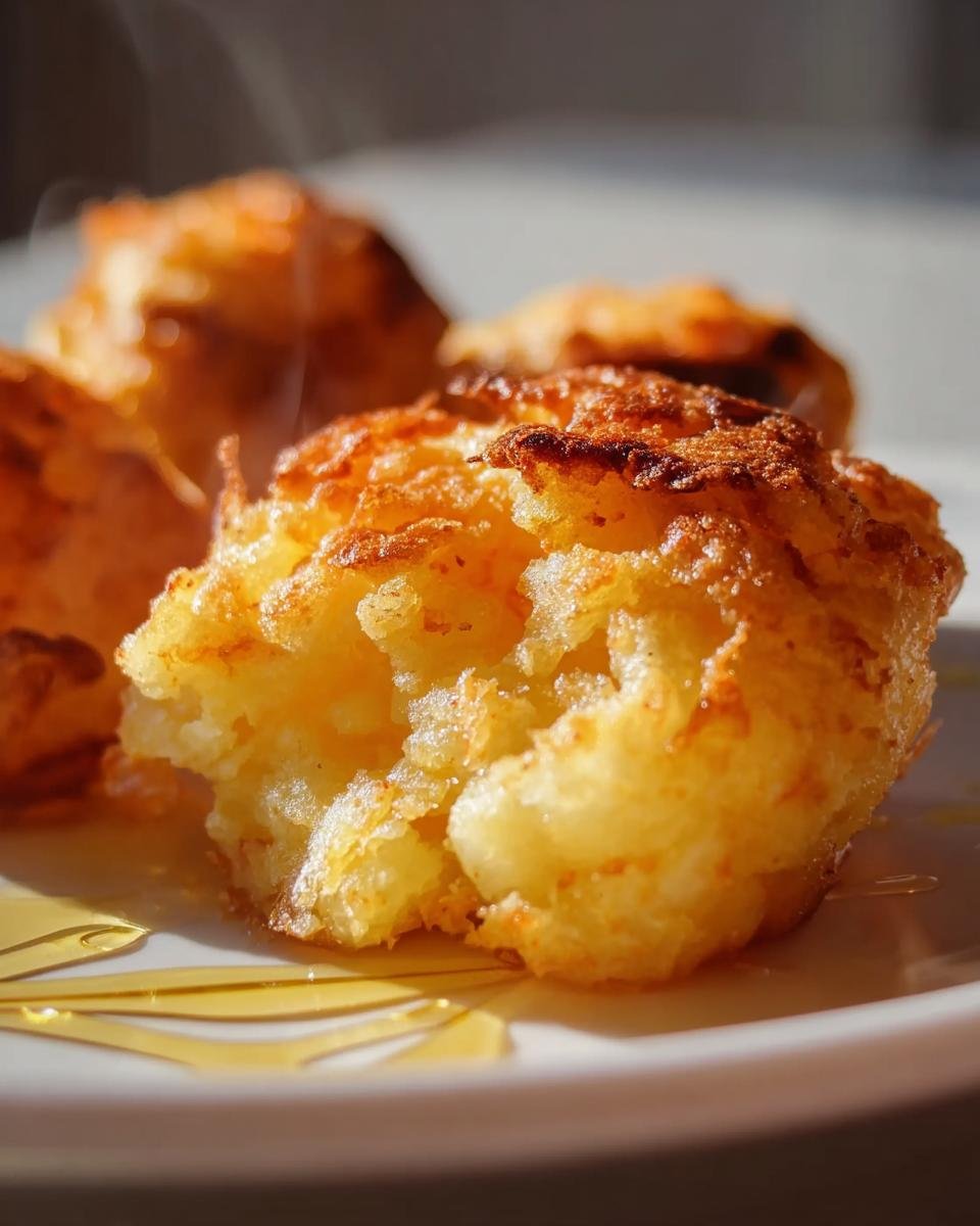 Close-up of a golden Crispy Mashed Potato bite on a white plate, showing the crispy exterior and soft interior.