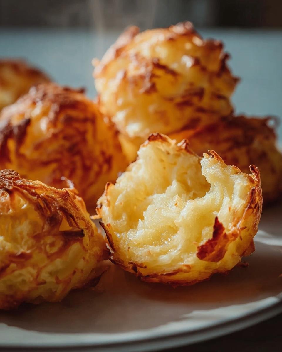Close-up of golden Crispy Mashed Potato bites, one broken open to show the fluffy interior.
