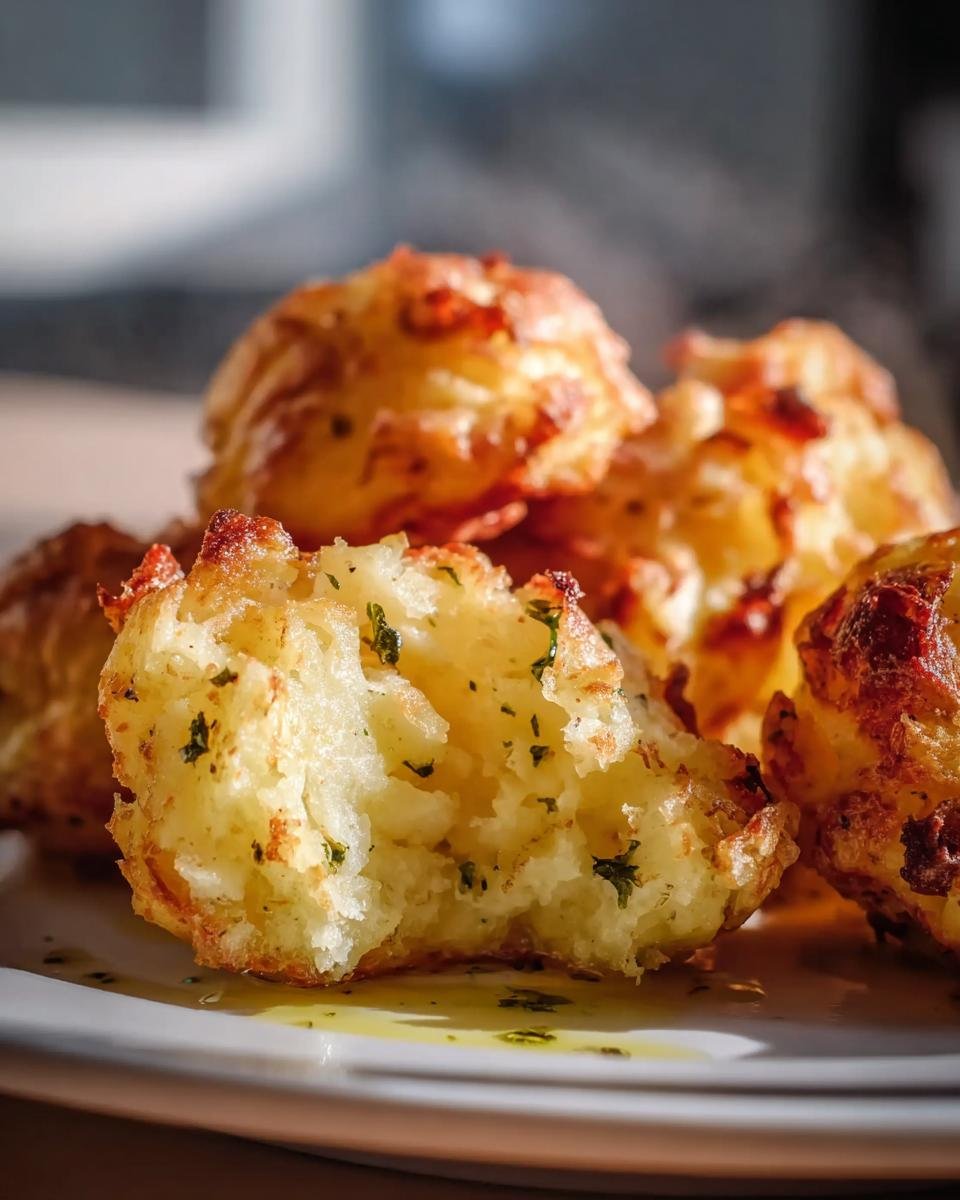 Close-up of crispy mashed potato bites, one broken open to show the fluffy interior with herbs.