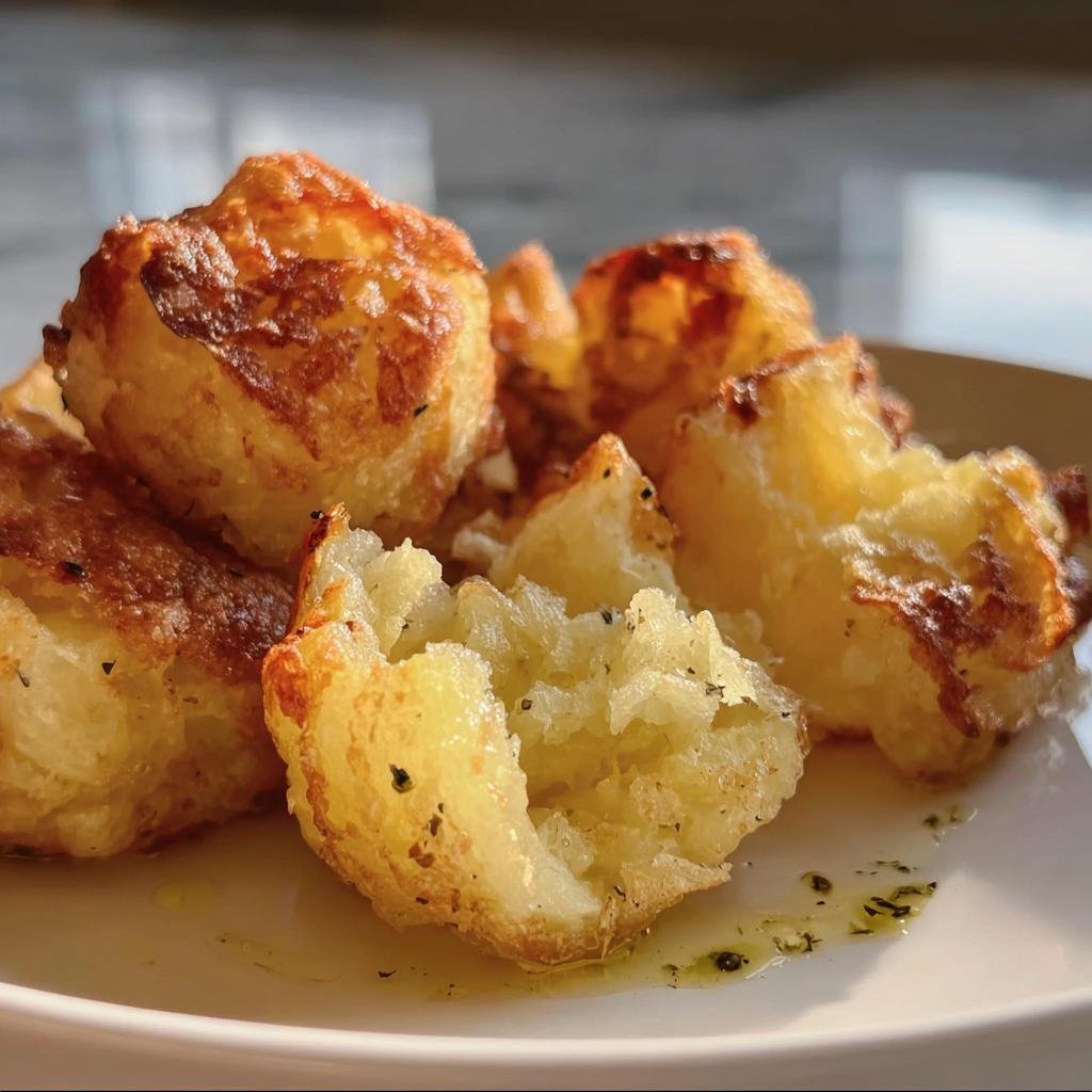 Close-up of golden Crispy Mashed Potato bites on a white plate, showcasing their crispy exterior and soft interior.