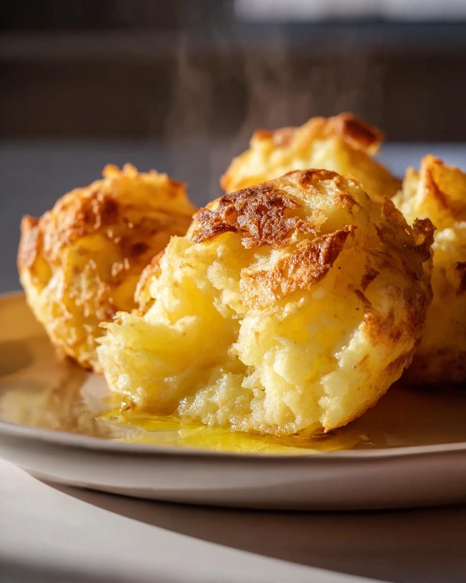 Close-up of golden brown Crispy Mashed Potato puffs on a plate, one broken open to show the fluffy interior.