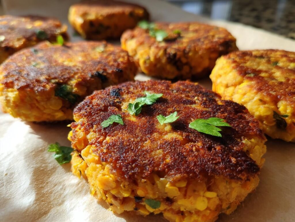 Close-up of several Crispy Sweet Potato Lentil Patties, garnished with parsley, on a brown surface.